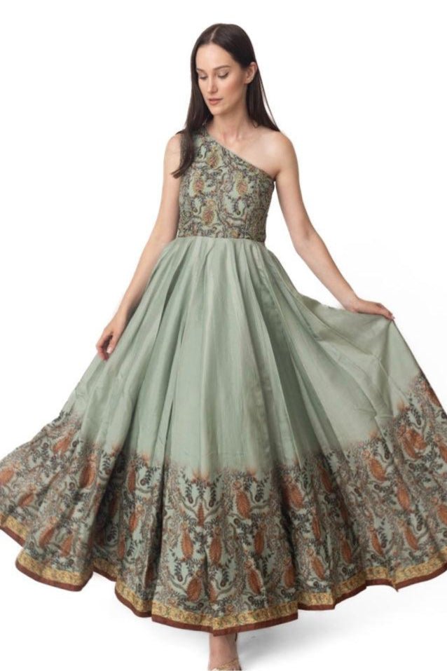 Green floral hand-embroidered one-shoulder gown with a fit & flare silhouette and printed silk details.
