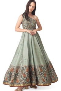 Green floral hand-embroidered one-shoulder gown with a fit & flare silhouette and printed silk skirt.