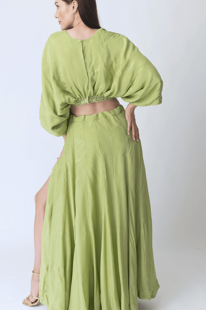 Green Flowy Two Piece Set with Slit lehenga choli RAAS