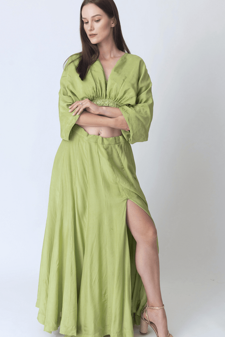 Green Flowy Two Piece Set with Slit lehenga choli RAAS