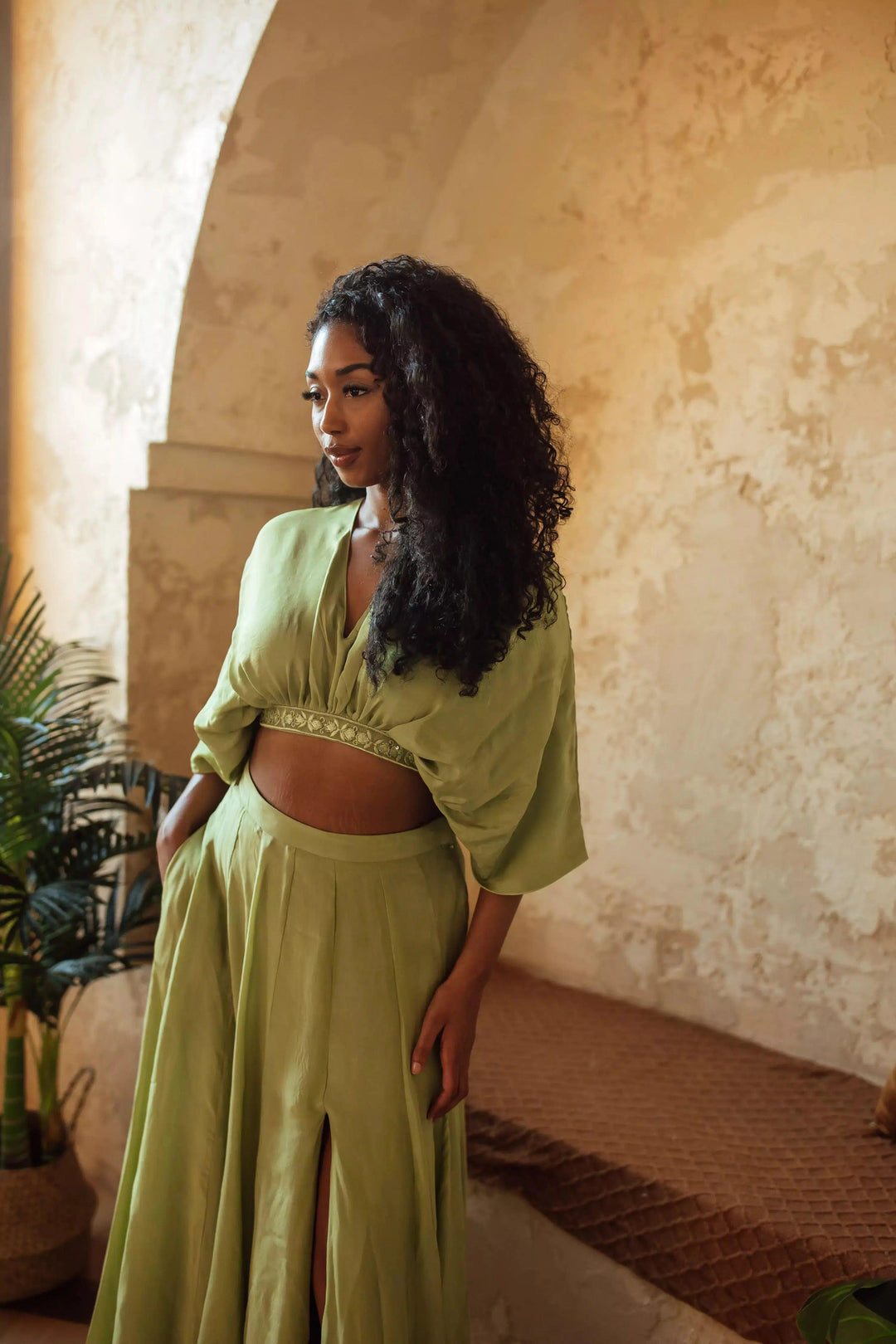 Green Flowy Two Piece Set with Slit lehenga choli RAAS