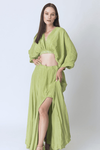 Green Flowy Two Piece Set with Slit lehenga choli RAAS