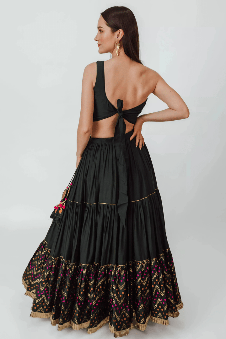 Green Full Flare Lehenga with One Shoulder Blouse-[comfort-first-design]-[lightweight]-Raas