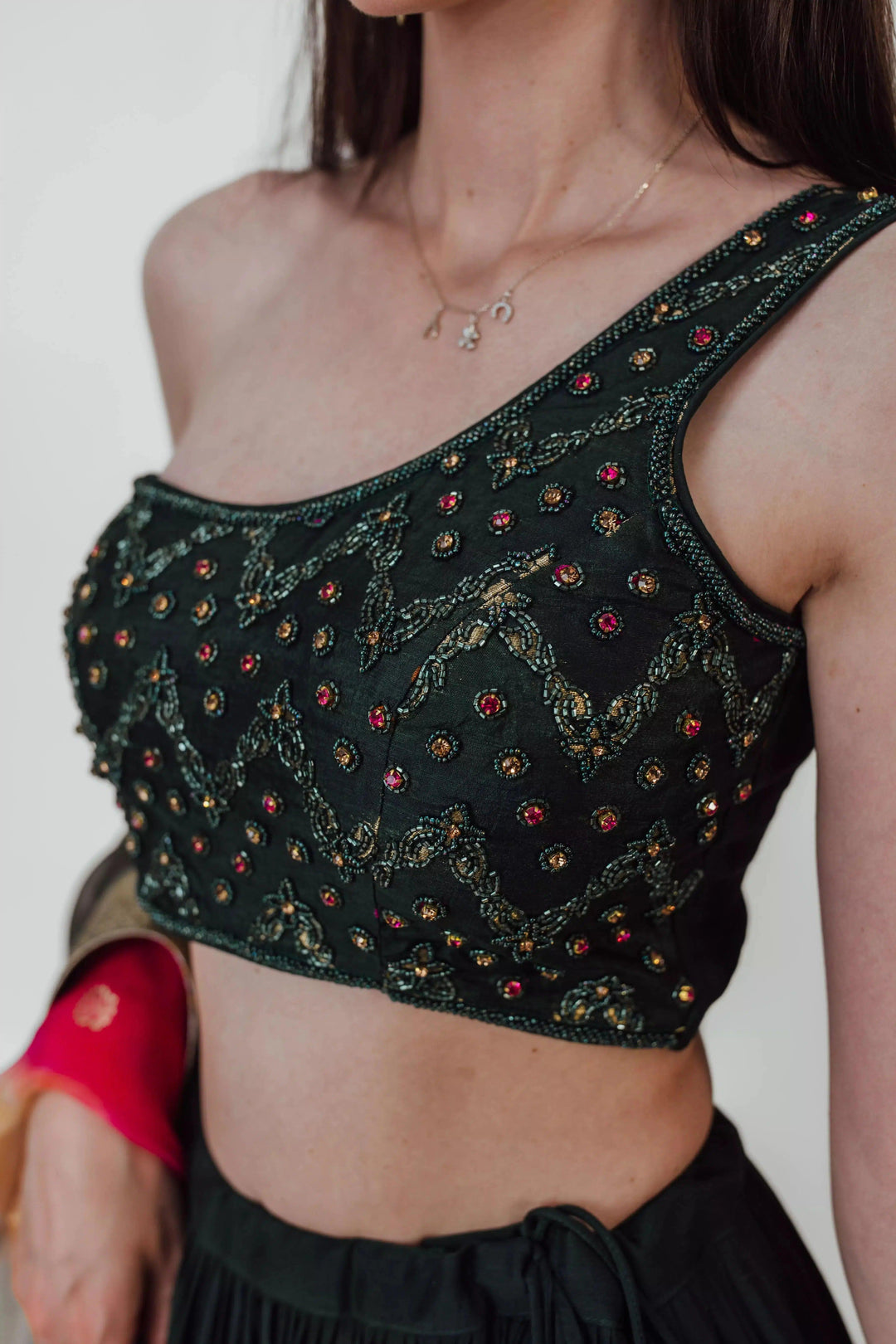 Green Full Flare Lehenga with One Shoulder Blouse-[comfort-first-design]-[lightweight]-Raas