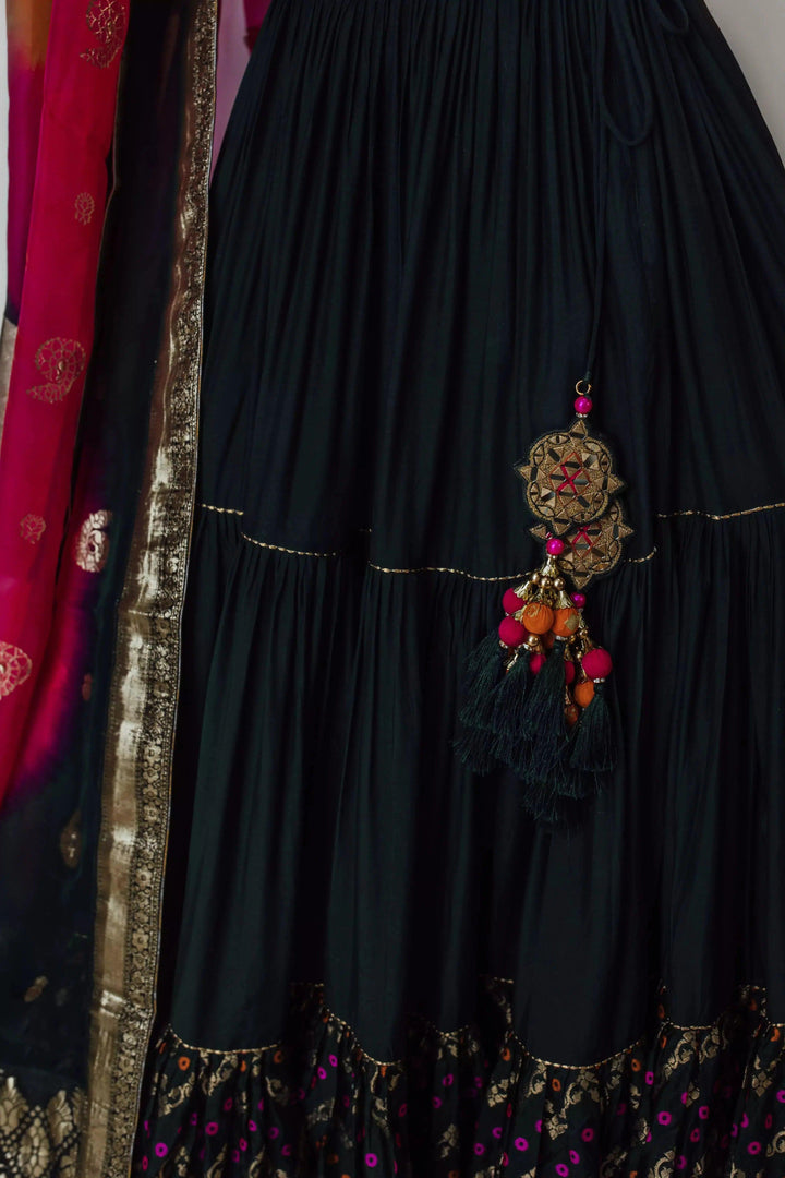 Green Full Flare Lehenga with One Shoulder Blouse-[comfort-first-design]-[lightweight]-Raas