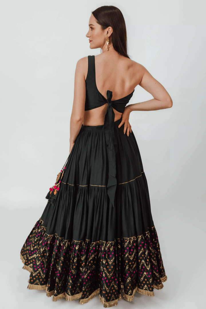 Green Full Flare Lehenga with One Shoulder Blouse-Raas USA