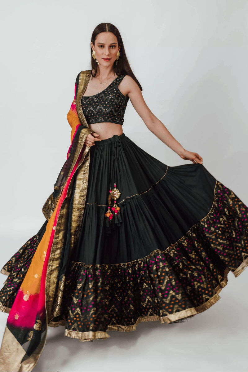 Green Full Flare Lehenga with One Shoulder Blouse-Raas USA