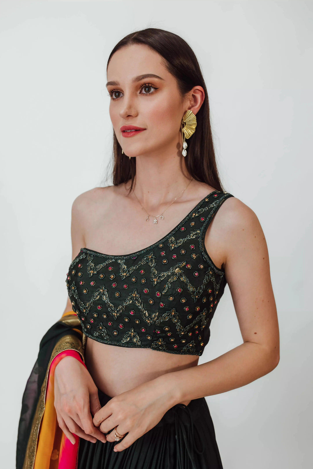 Green Full Flare Lehenga with One Shoulder Blouse-Raas USA
