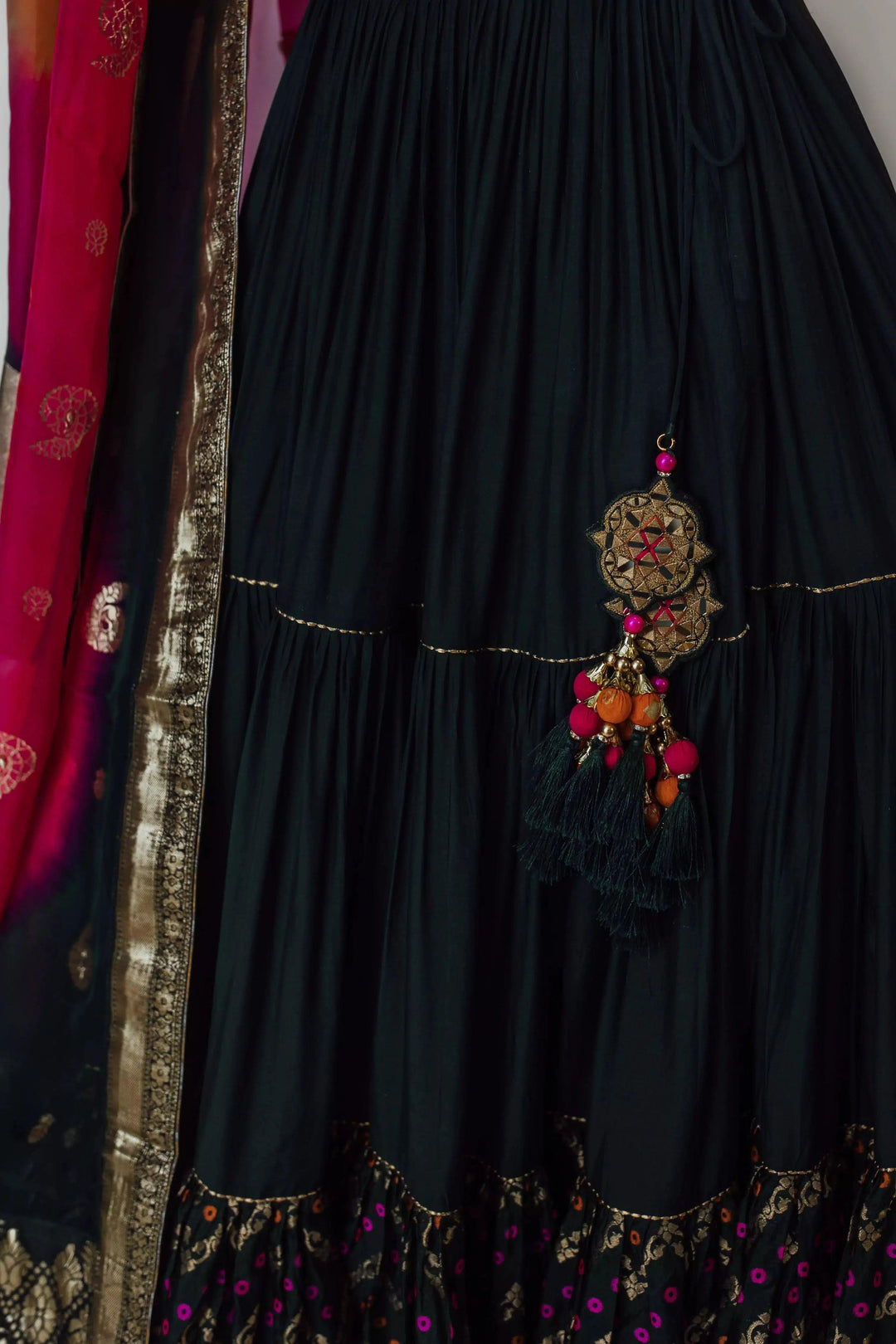 Green Full Flare Lehenga with One Shoulder Blouse-Raas USA