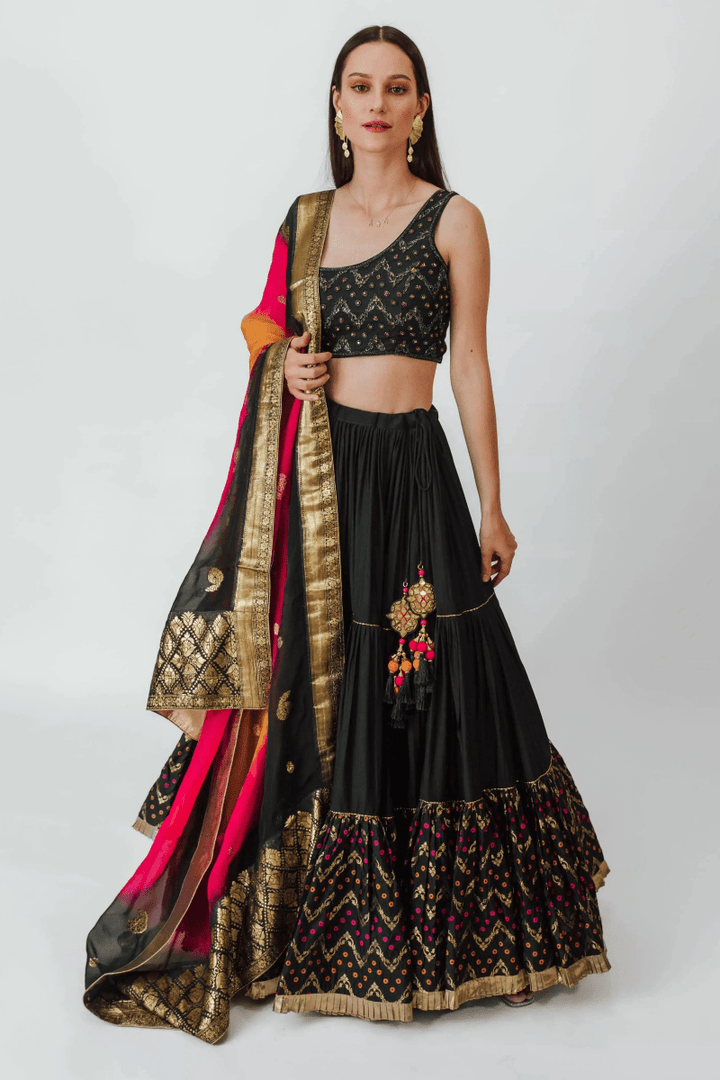 Green Full Flare Lehenga with One Shoulder Blouse-[comfort-first-design]-[lightweight]-Raas