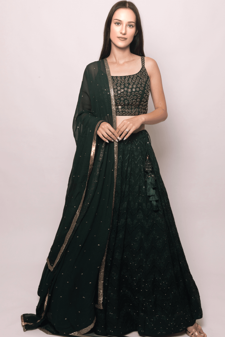 Green Georgette Lehenga Choli with Heavy Hand Embroidered blouse-[comfort-first-design]-[lightweight]-Raas