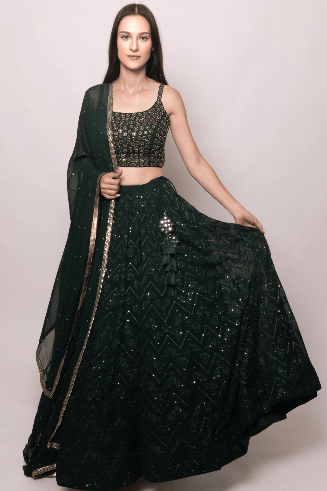 Green Georgette Lehenga Choli with Heavy Hand Embroidered blouse-[comfort-first-design]-[lightweight]-Raas
