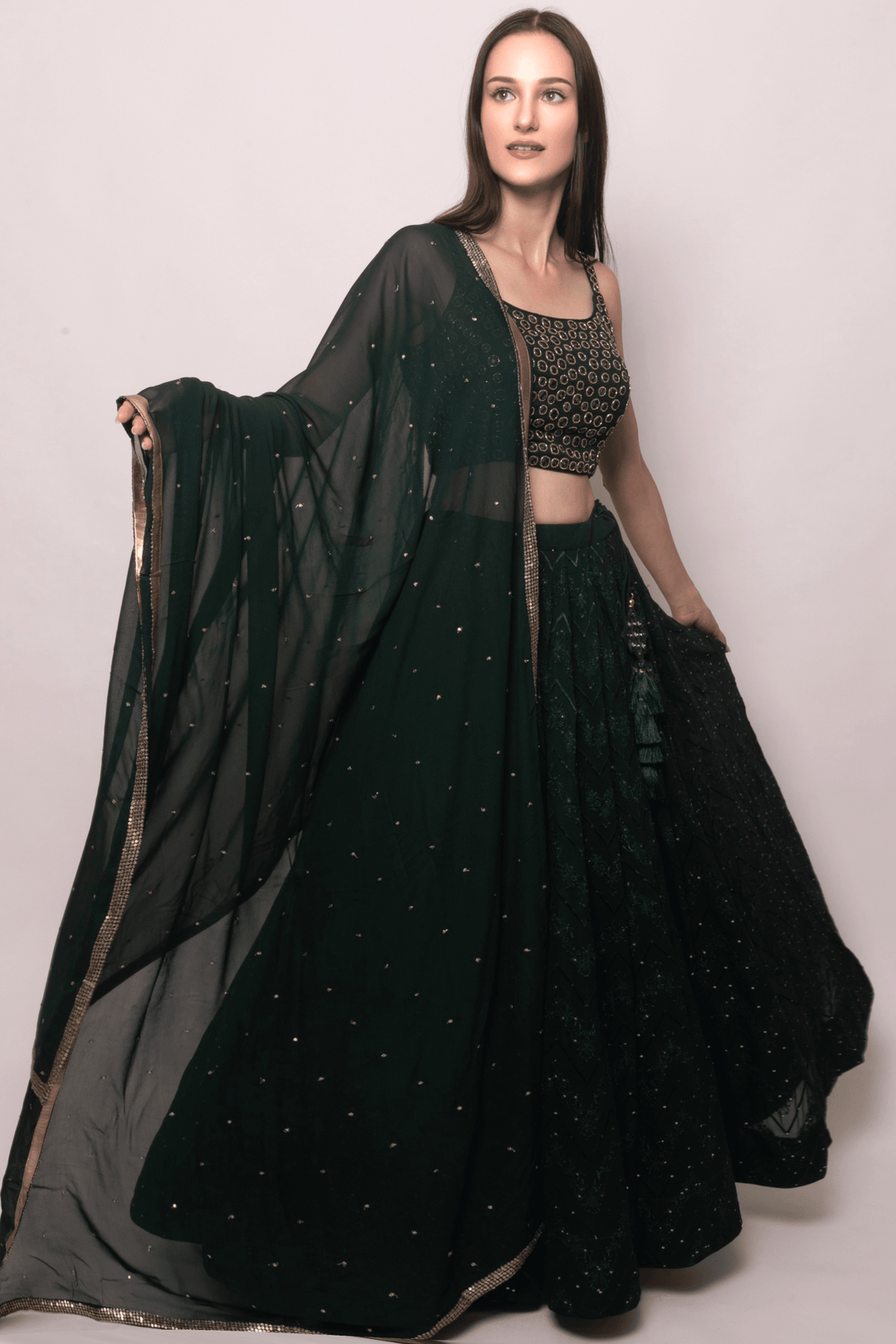 Green Georgette Lehenga Choli with Heavy Hand Embroidered blouse-[comfort-first-design]-[lightweight]-Raas