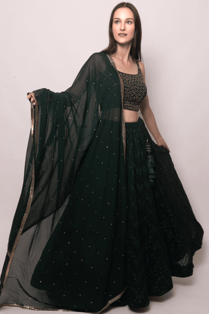 Green Georgette Lehenga Choli with Heavy Hand Embroidered blouse-[comfort-first-design]-[lightweight]-Raas
