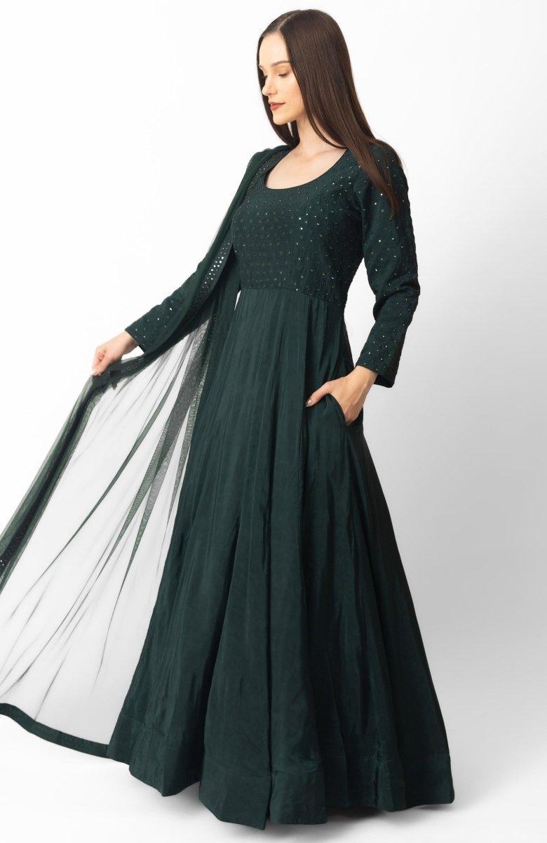 Green Mirror Embroidered Gown with Dupatta