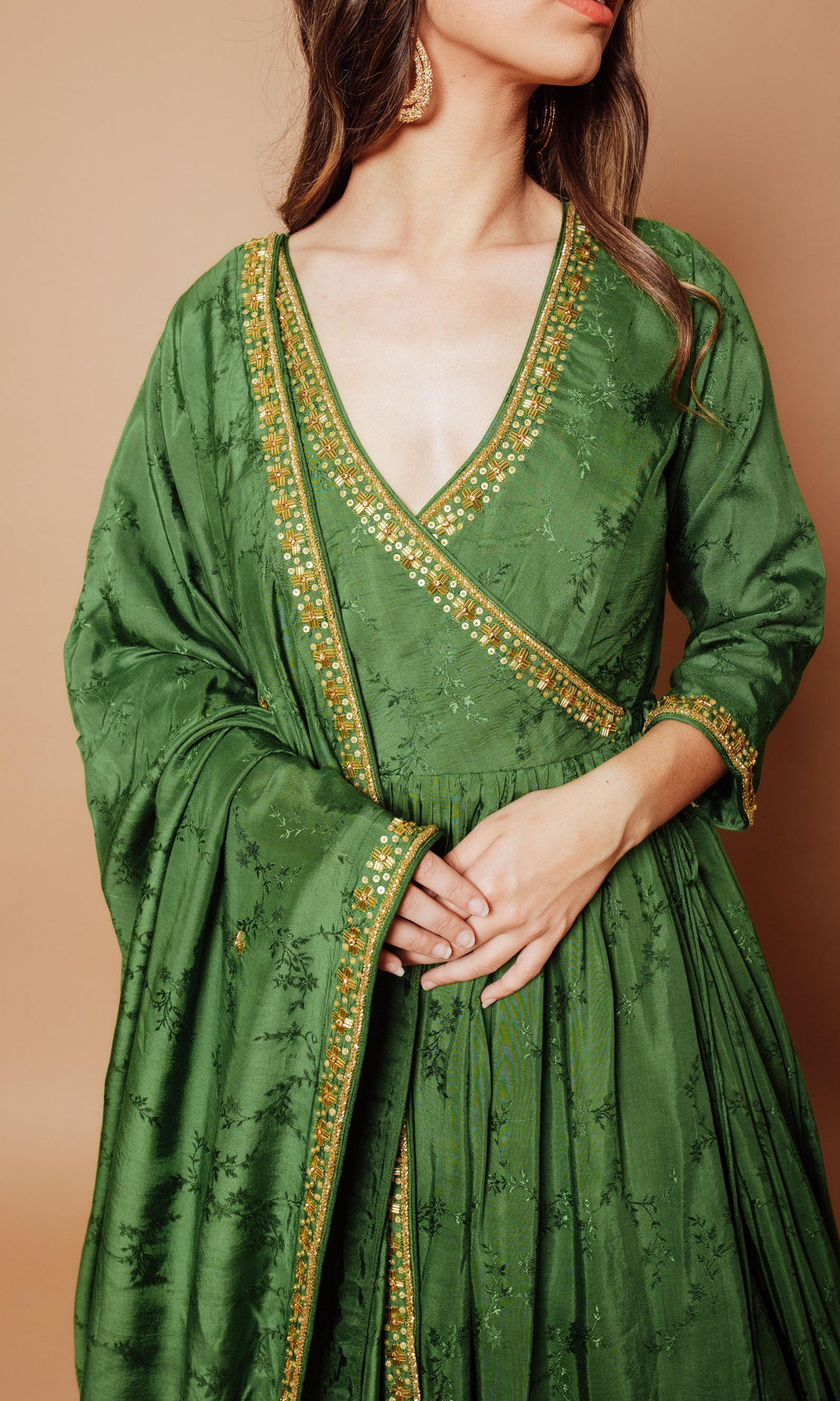 Green Hand Embroidered Gown: Premium Indian Dress by Raas XL / Green