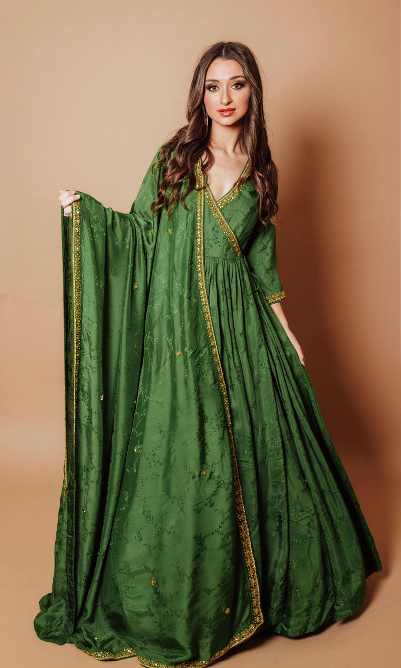 Green Hand Embroidered Gown: Premium Indian Dress by Raas XL / Green