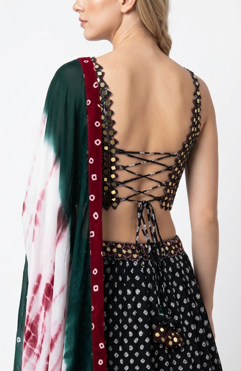 Green Lehenga Choli Set with Mirror Work