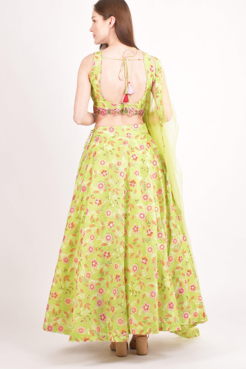 Green Mirror Embroidered Lehenga Choli with all over Embroidery-[mehendi outfit]-Raas