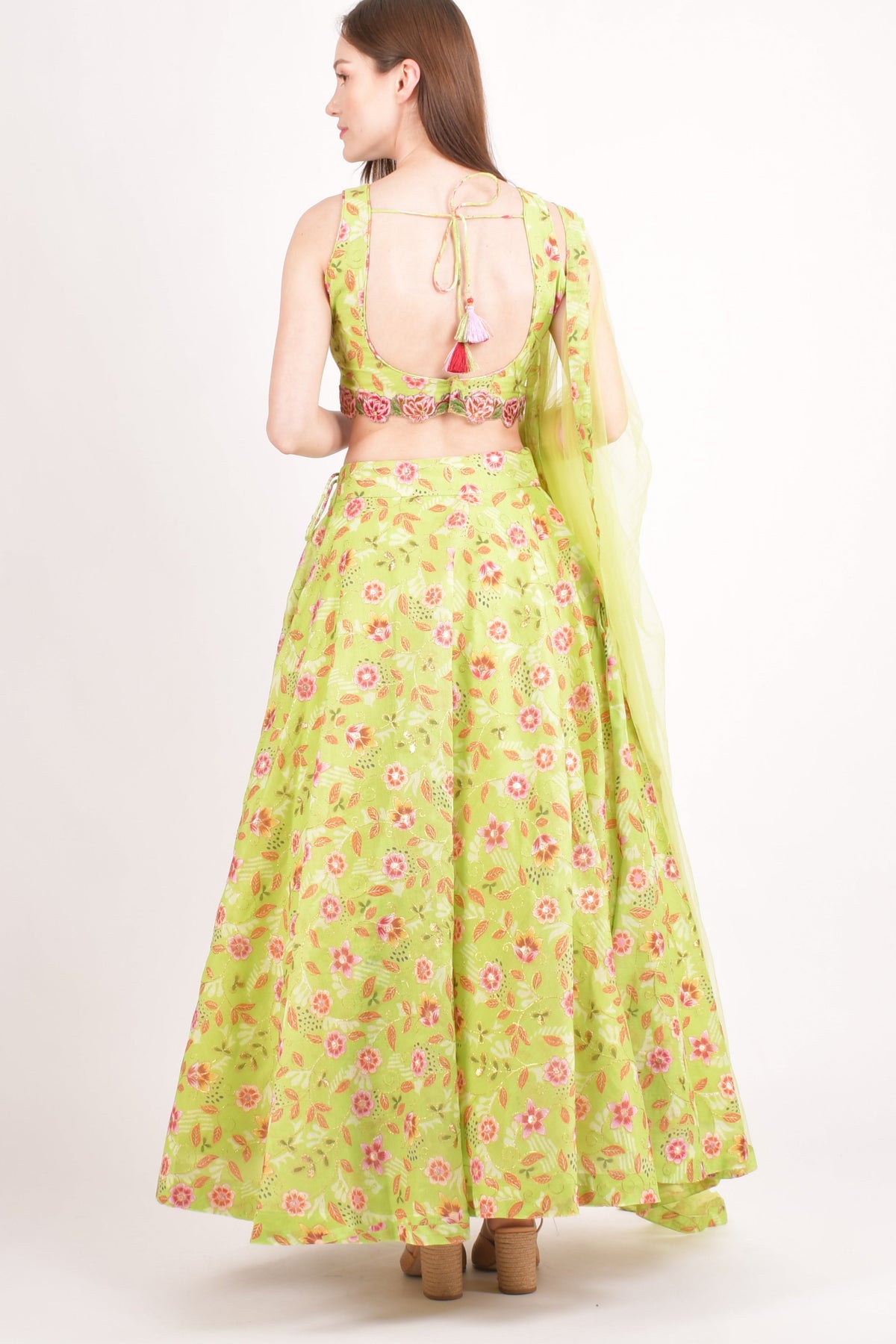 Green Mirror Embroidered Lehenga Choli with all over Embroidery-[mehendi outfit]-Raas