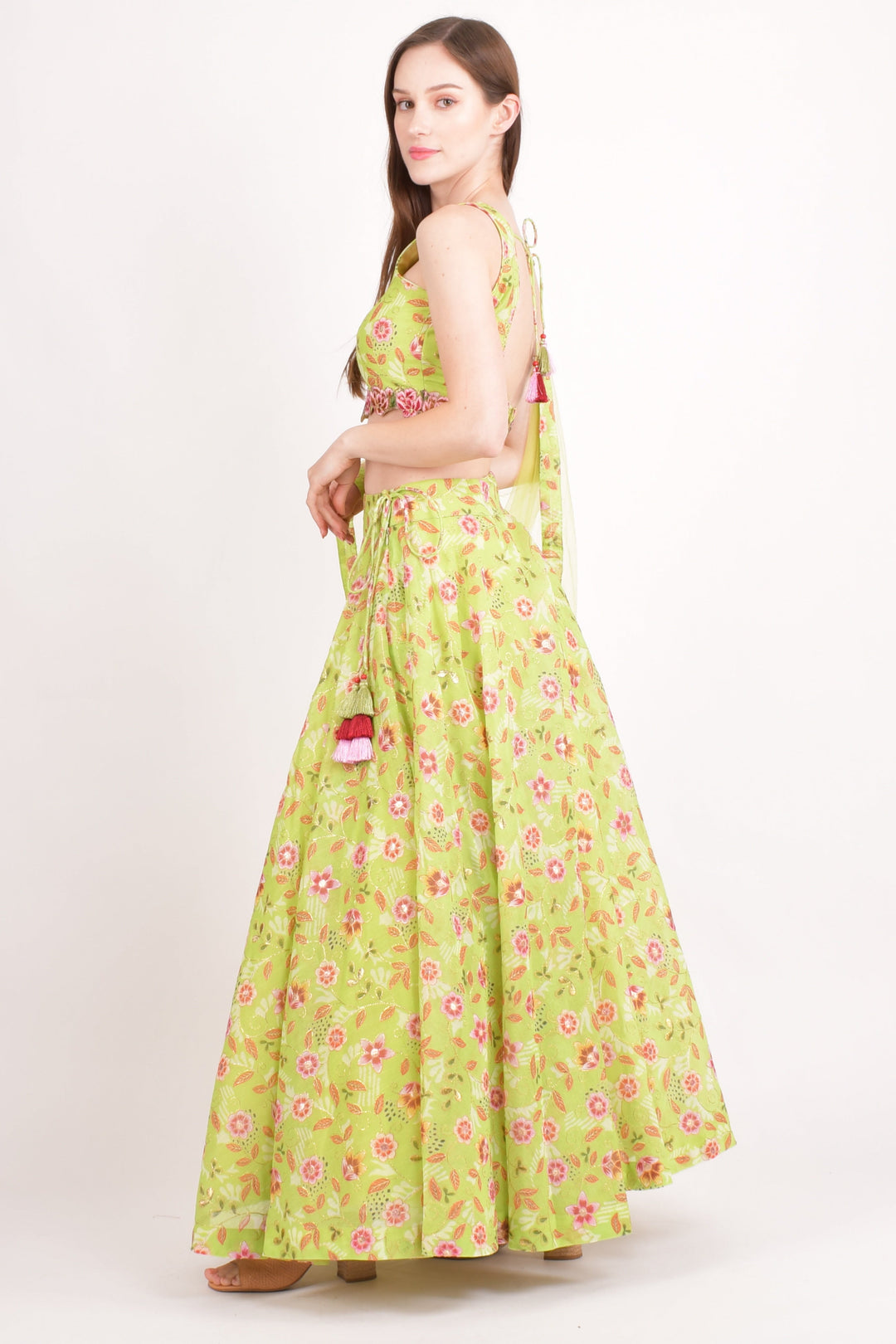 Green Mirror Embroidered Lehenga Choli with all over Embroidery-[mehendi outfit]-Raas