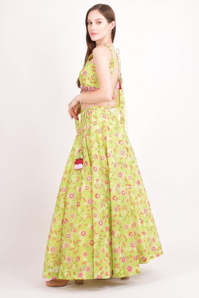 Green Mirror Embroidered Lehenga Choli with all over Embroidery-[mehendi outfit]-Raas