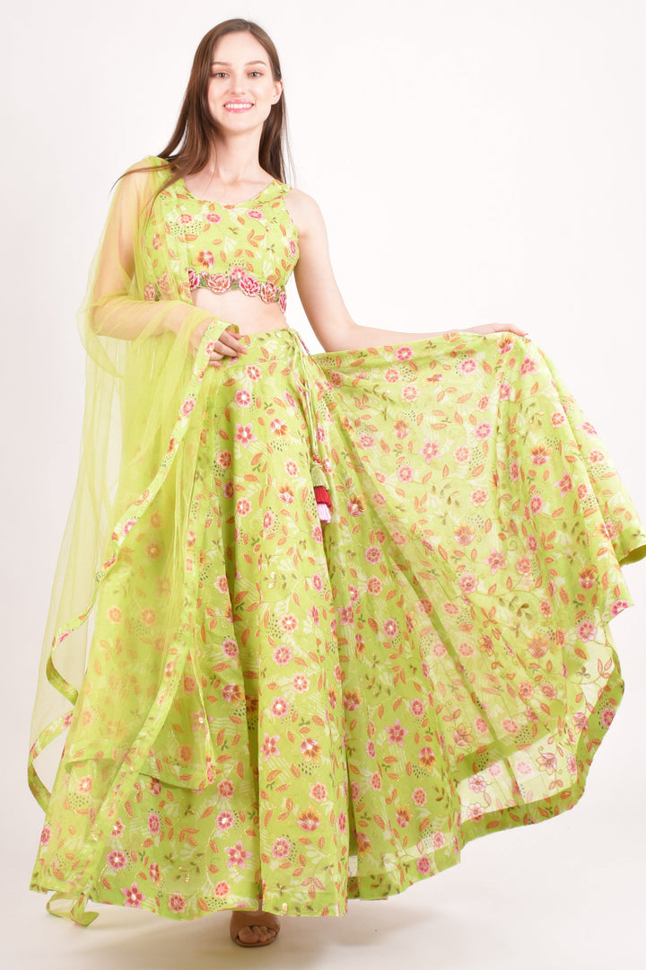 Green Mirror Embroidered Lehenga Choli with all over Embroidery-[mehendi outfit]-Raas