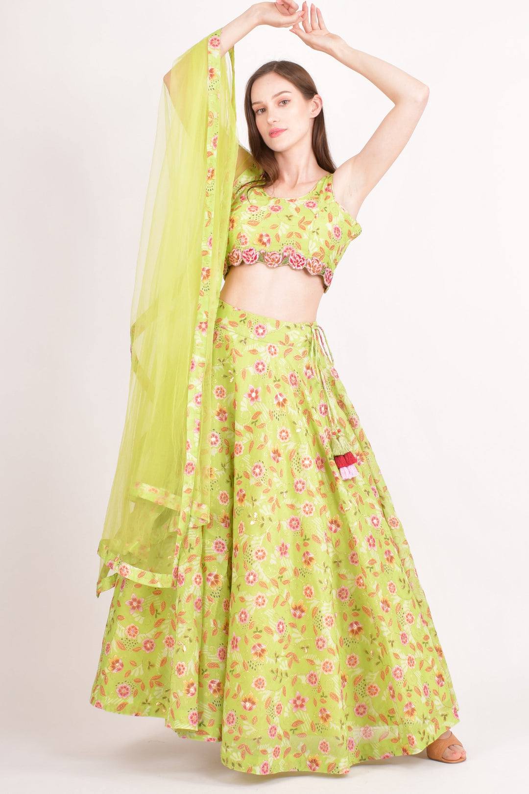 Green Mirror Embroidered Lehenga Choli with all over Embroidery-[mehendi outfit]-Raas