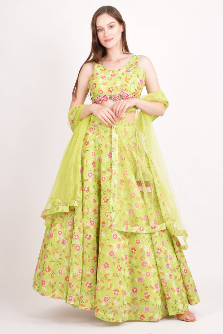 Green Mirror Embroidered Lehenga Choli with all over Embroidery-[mehendi outfit]-Raas