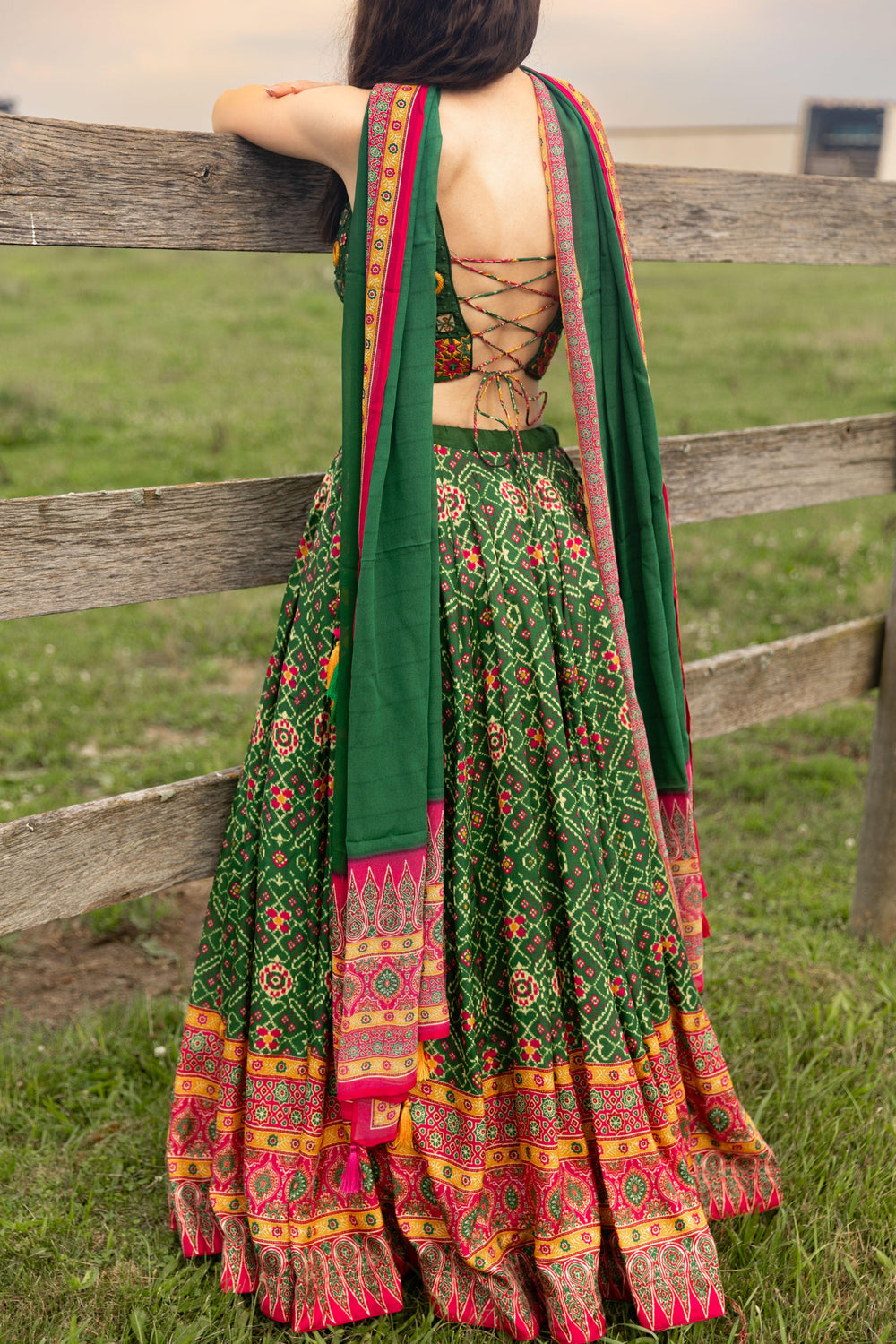 Green Patola Print Chaniya Choli with Hand Embroidered Blouse-[comfort-first-design]-[lightweight]-Raas