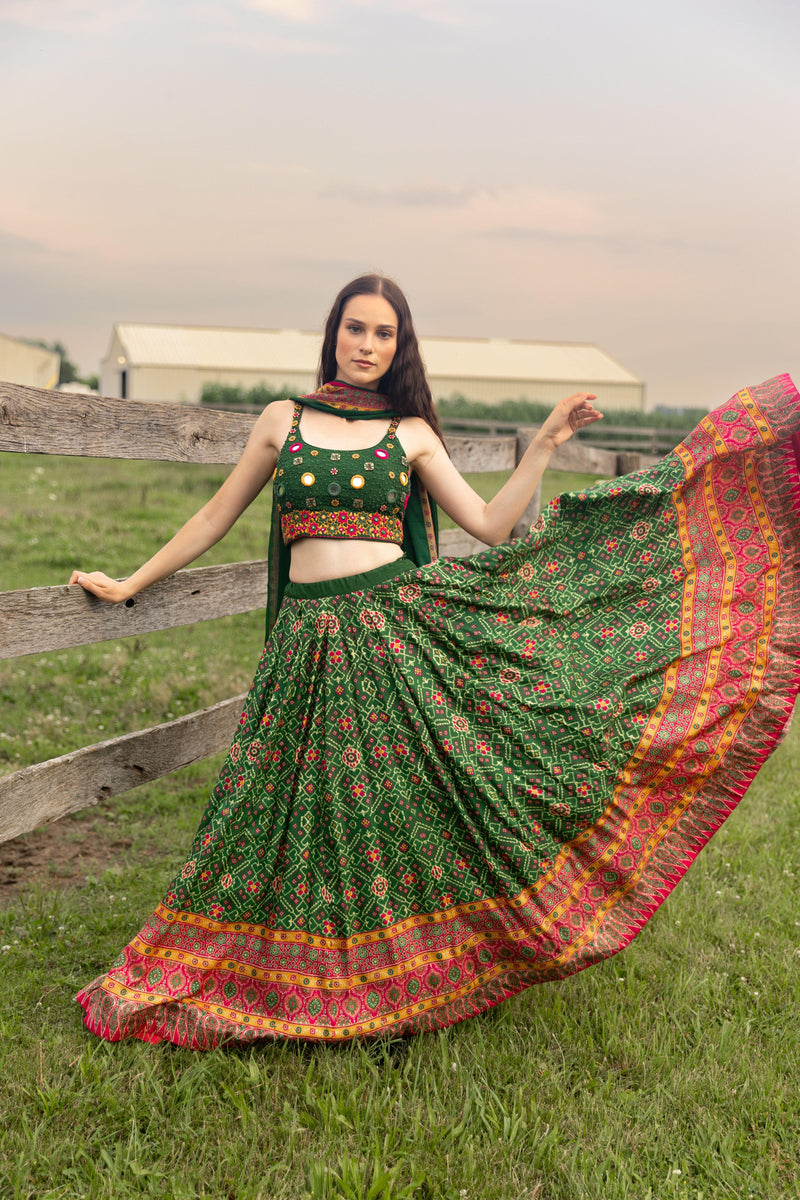 Green Patola Print Chaniya Choli with Hand Embroidered Blouse-[comfort-first-design]-[lightweight]-Raas