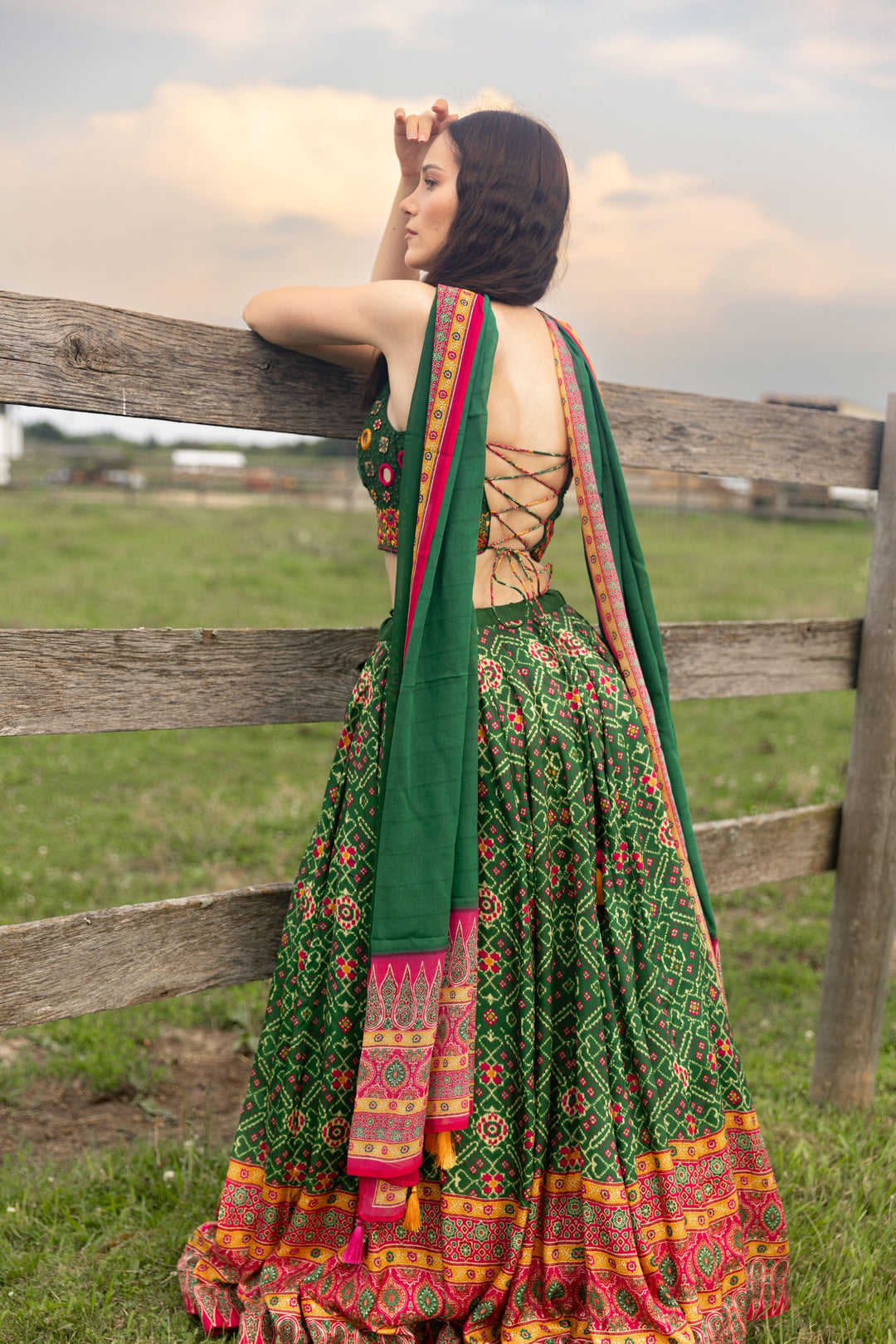 Green Patola Print Green Chaniya Choli with Mirror Work-Raas USA