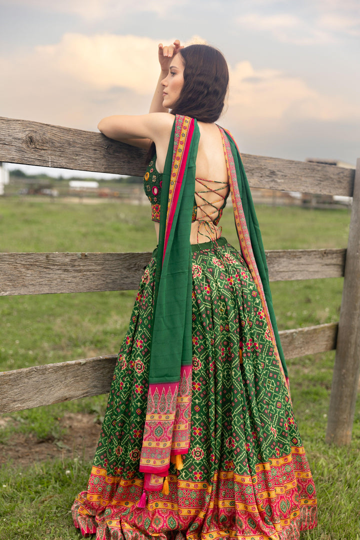 Green Patola Print Green Chaniya Choli with Mirror Work-Raas USA
