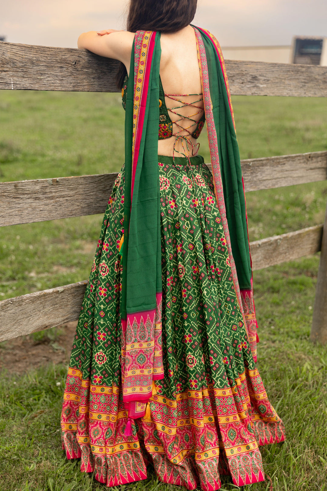 Green Patola Print Green Chaniya Choli with Mirror Work-Raas USA