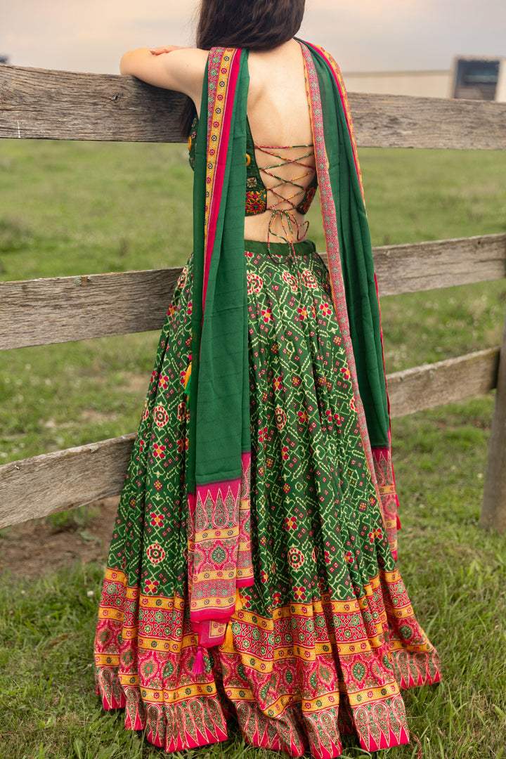 Green Patola Print Green Chaniya Choli with Mirror Work-Raas USA
