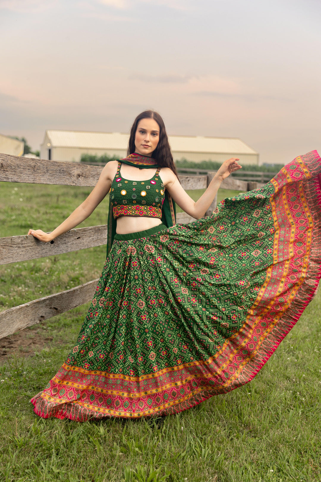 Green Patola Print Green Chaniya Choli with Mirror Work-Raas USA
