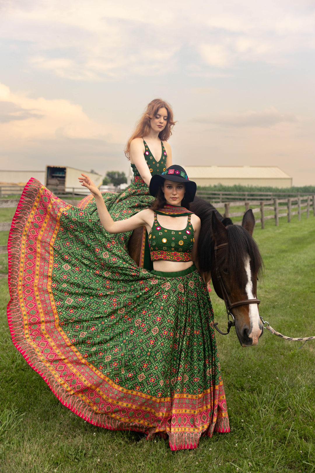 Green Patola Print Green Chaniya Choli with Mirror Work-Raas USA