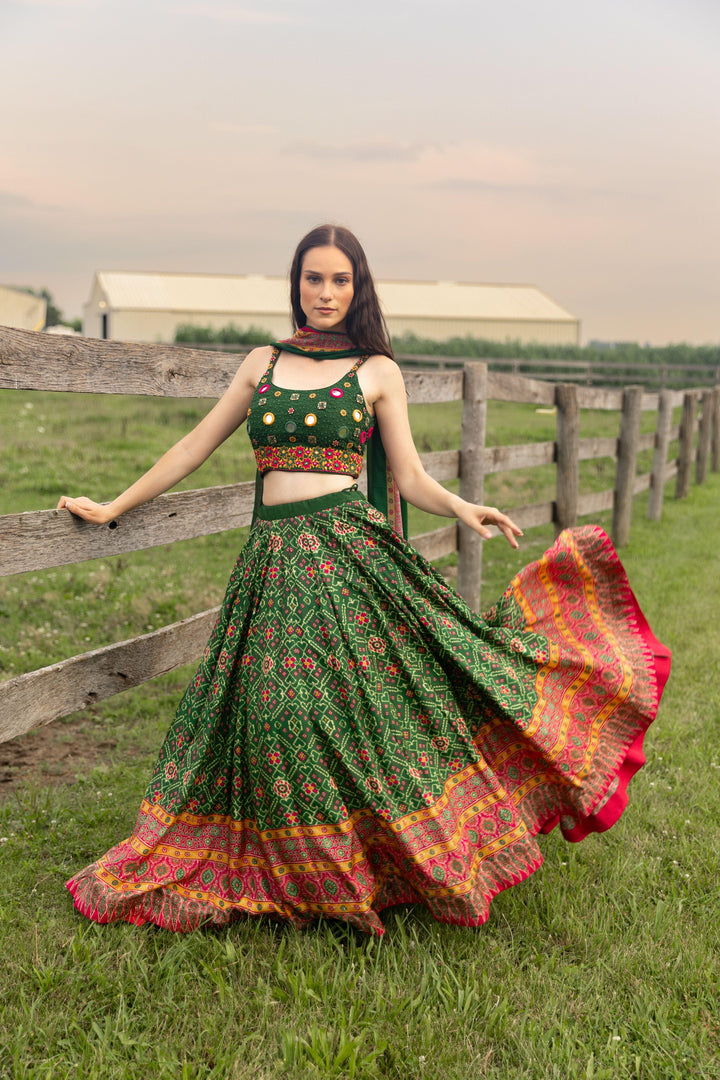 Green Patola Print Green Chaniya Choli with Mirror Work-Raas USA