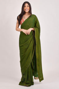 Green Pre-Pleated Saree with brocade Blouse — Crushed Silk, Ready in 30 Seconds-[pre_stitched_saree]-Raas