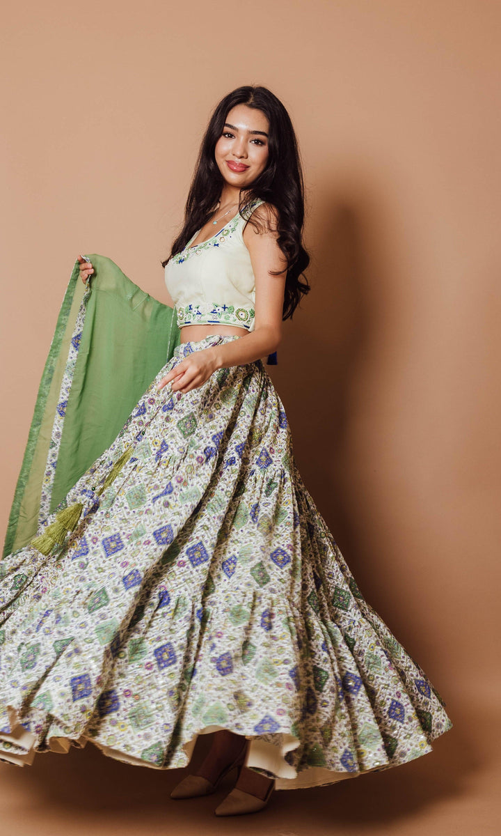 Green Sequin Print Lehenga Choli Set-Raas USA