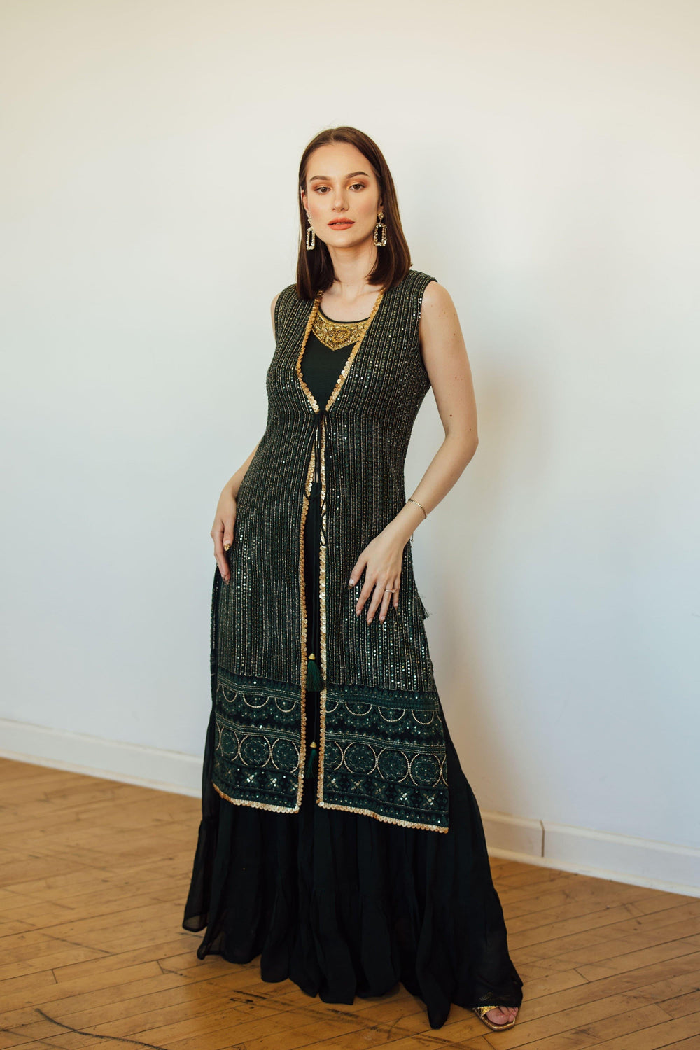Green Sharara Set with Embroidered Jacket-Raas
