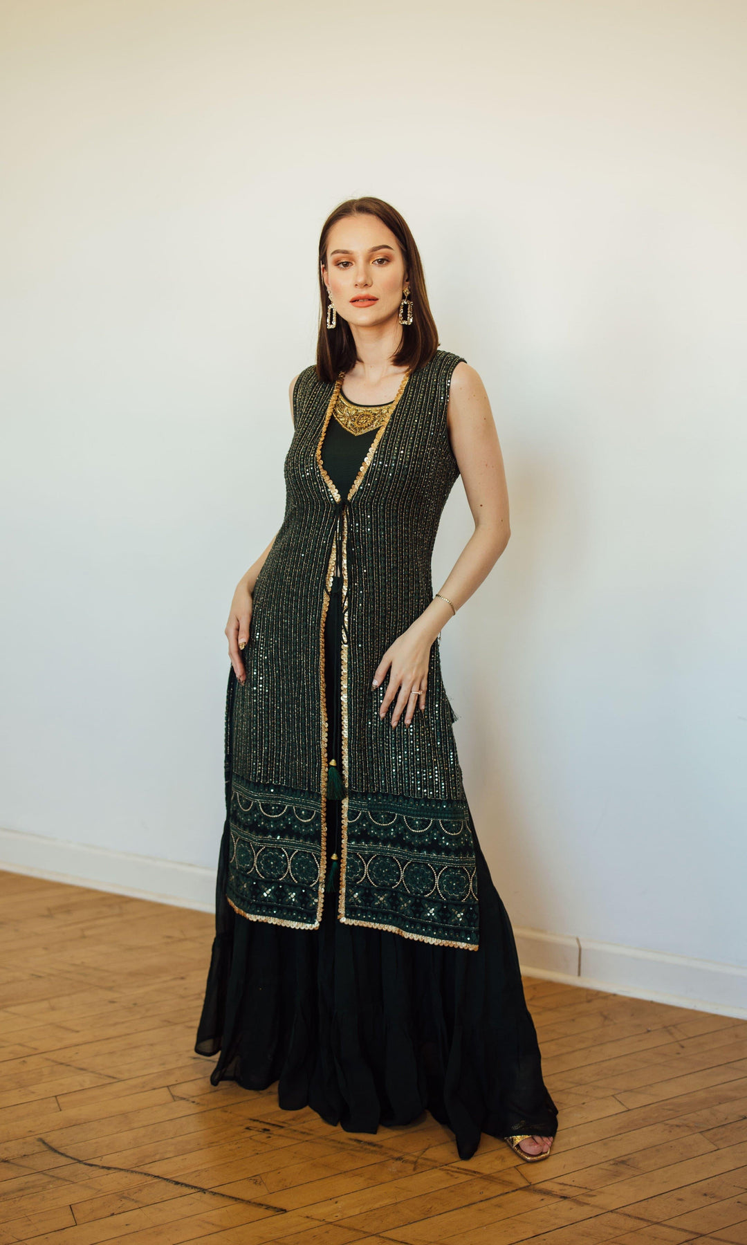 Green Sharara Set with Embroidered Jacket-Raas