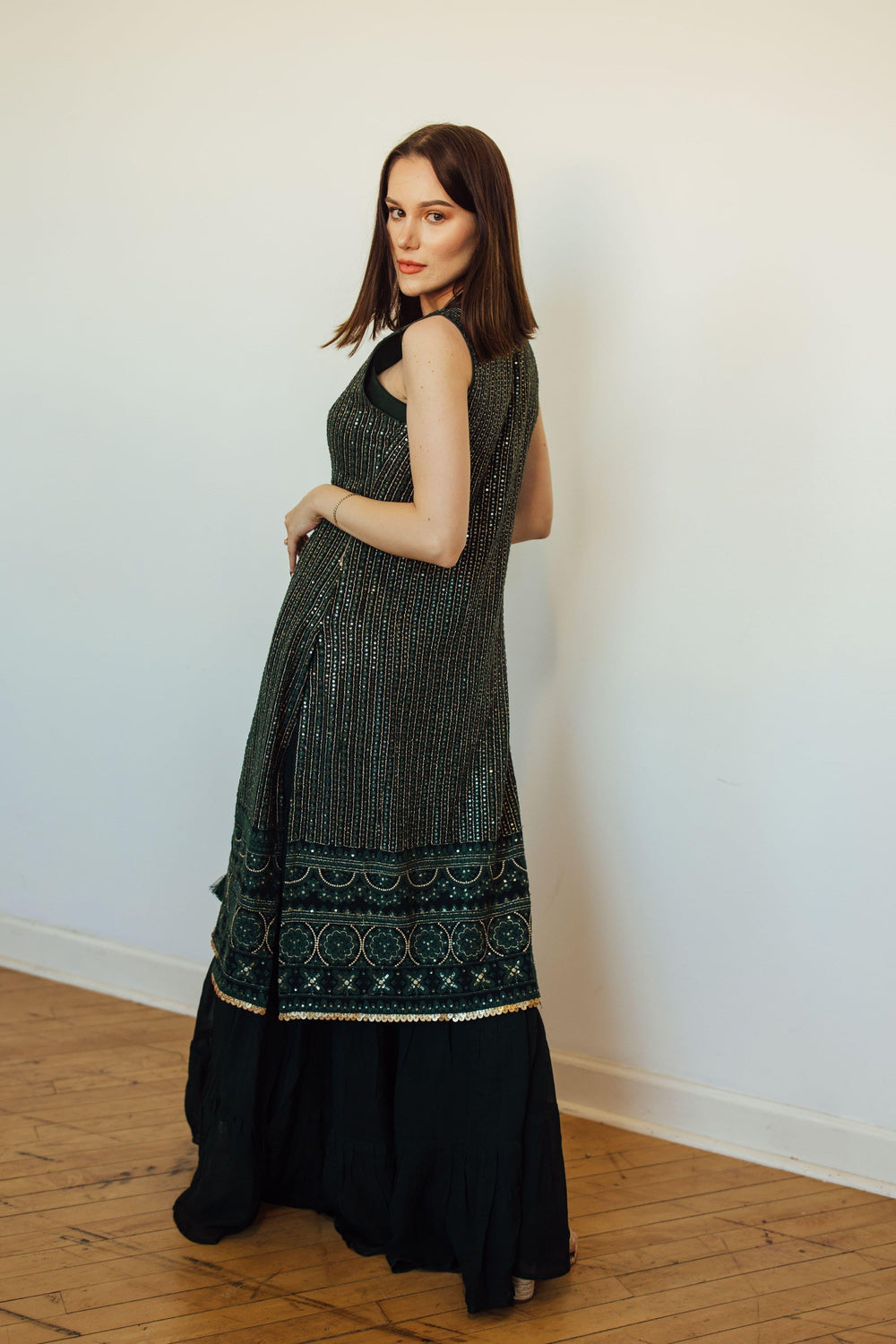 Green Sharara Set with Embroidered Jacket-Raas