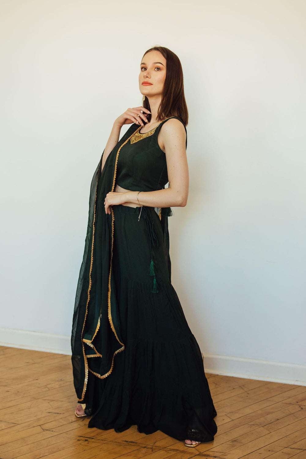 Green Sharara Set with Embroidered Jacket-Raas