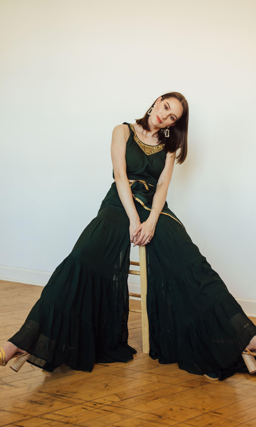 Green Sharara Set with Embroidered Jacket-Raas USA