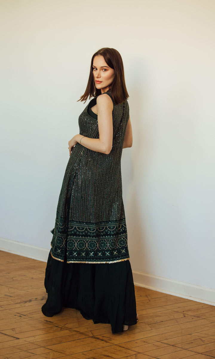 Green Sharara Set with Embroidered Jacket-Raas USA
