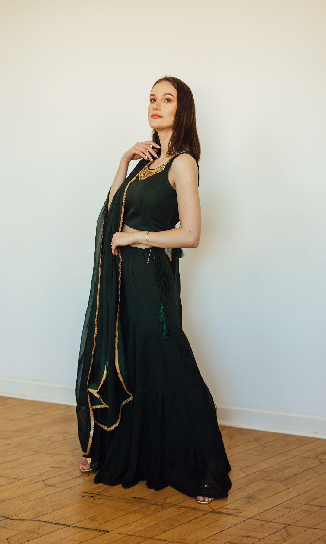 Green Sharara Set with Embroidered Jacket-Raas USA