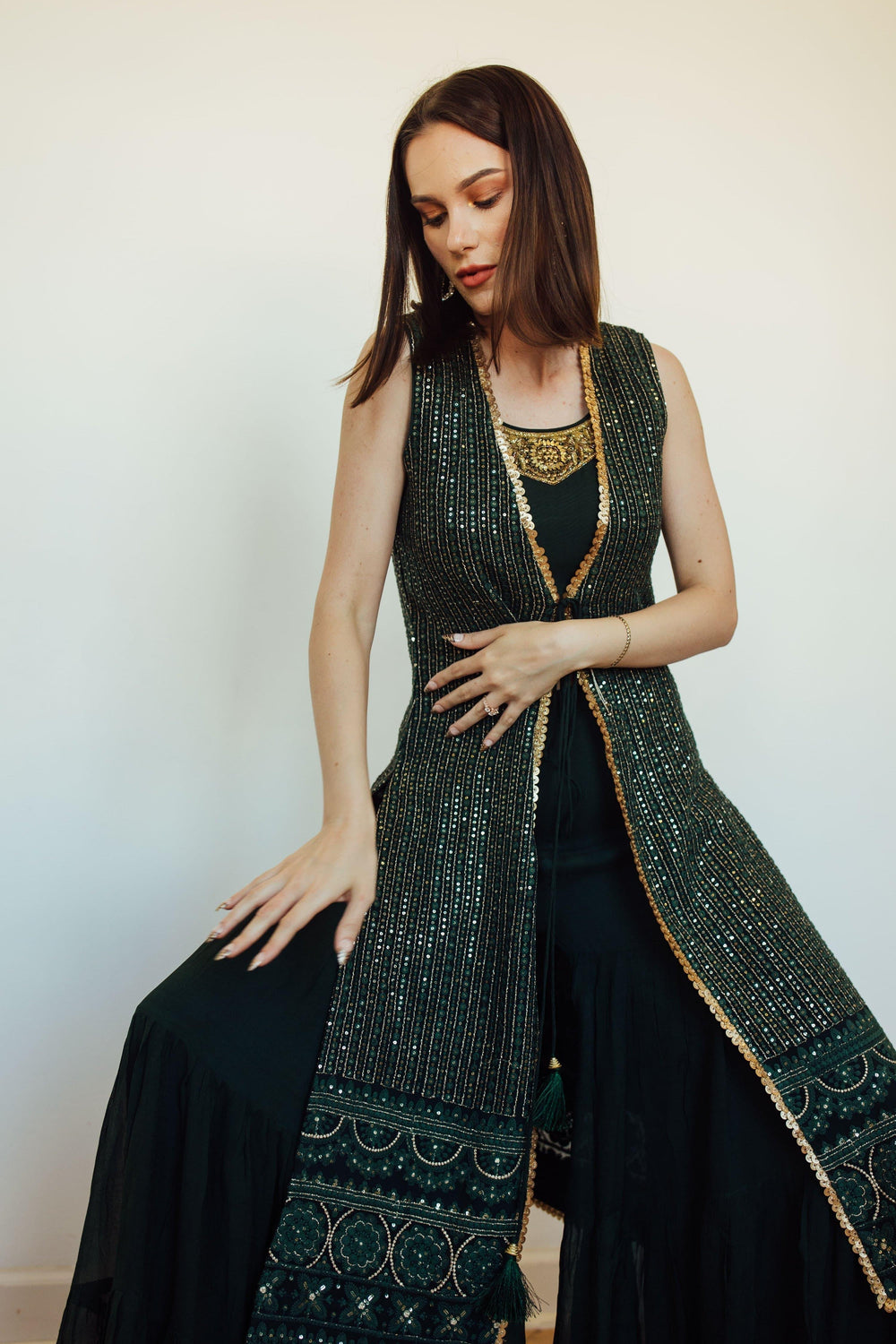 Green Sharara Set with Embroidered Jacket-Raas