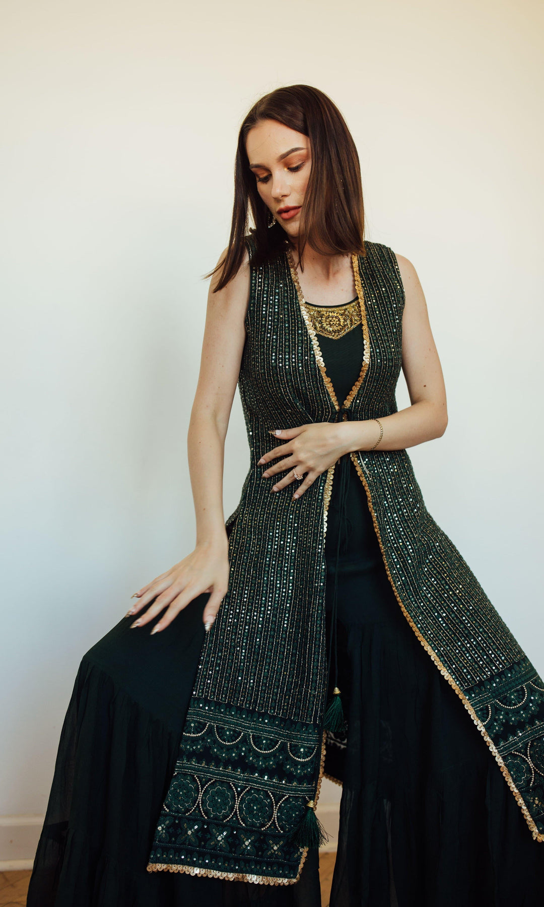 Green Sharara Set with Embroidered Jacket-Raas