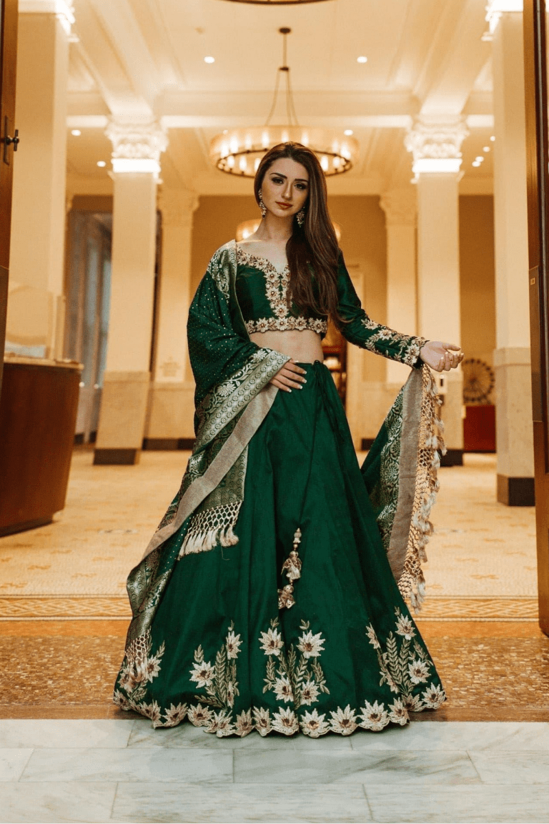 Green Silk Lehenga Choli with Heavy Embroidery-[comfort-first-design]-[lightweight]-Raas